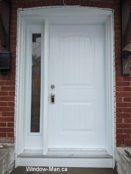 Front Entry door replacement. One side frosted sidelight. Plank design